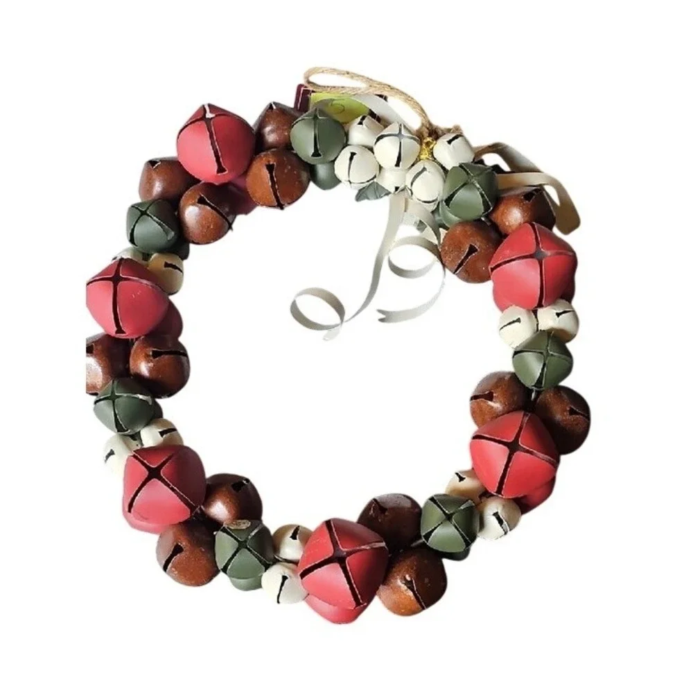 Rustic Christmas Jingle Bell Wreath Red Green Brown Metal Holiday Decor 10 Inch